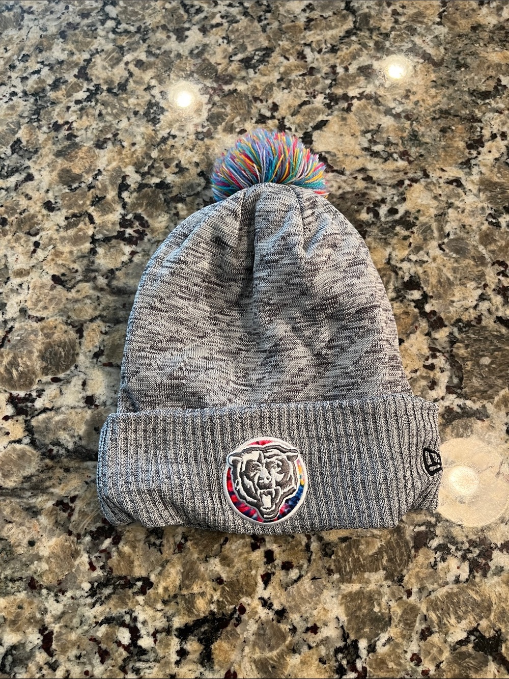New Era Gray Knit Beanie with Multicolor Pom and Embroidered Bear Logo